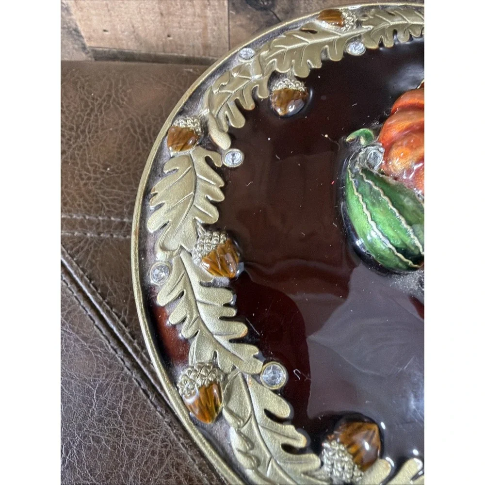 Vtg Olivia & Gracie Enamel Pumpkin Trinket Box Autumn Acorn Crystals Mirror Hing